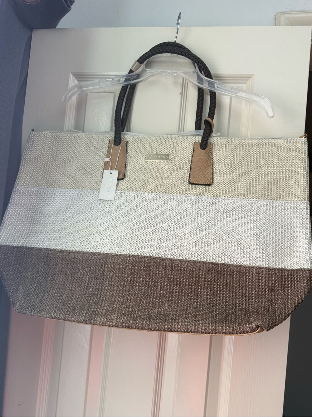 NWT! Hotelshops Neutral Striped Woven Tote in Cream, White & Brown